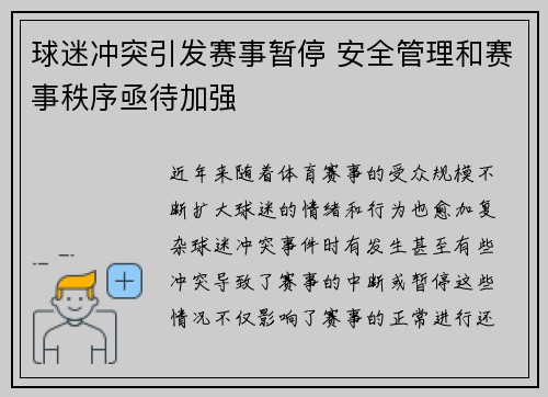 球迷冲突引发赛事暂停 安全管理和赛事秩序亟待加强